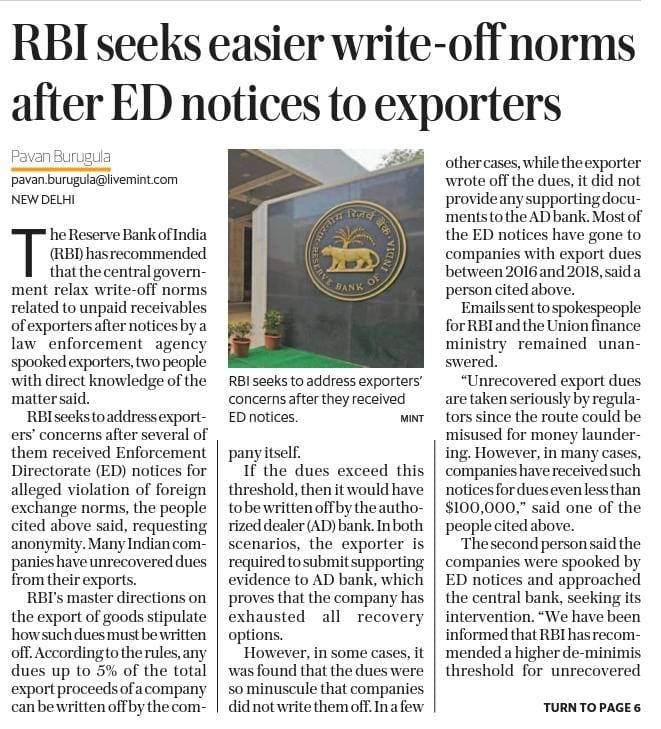 RBI seeks easier write-off norms after ed notices to exporters